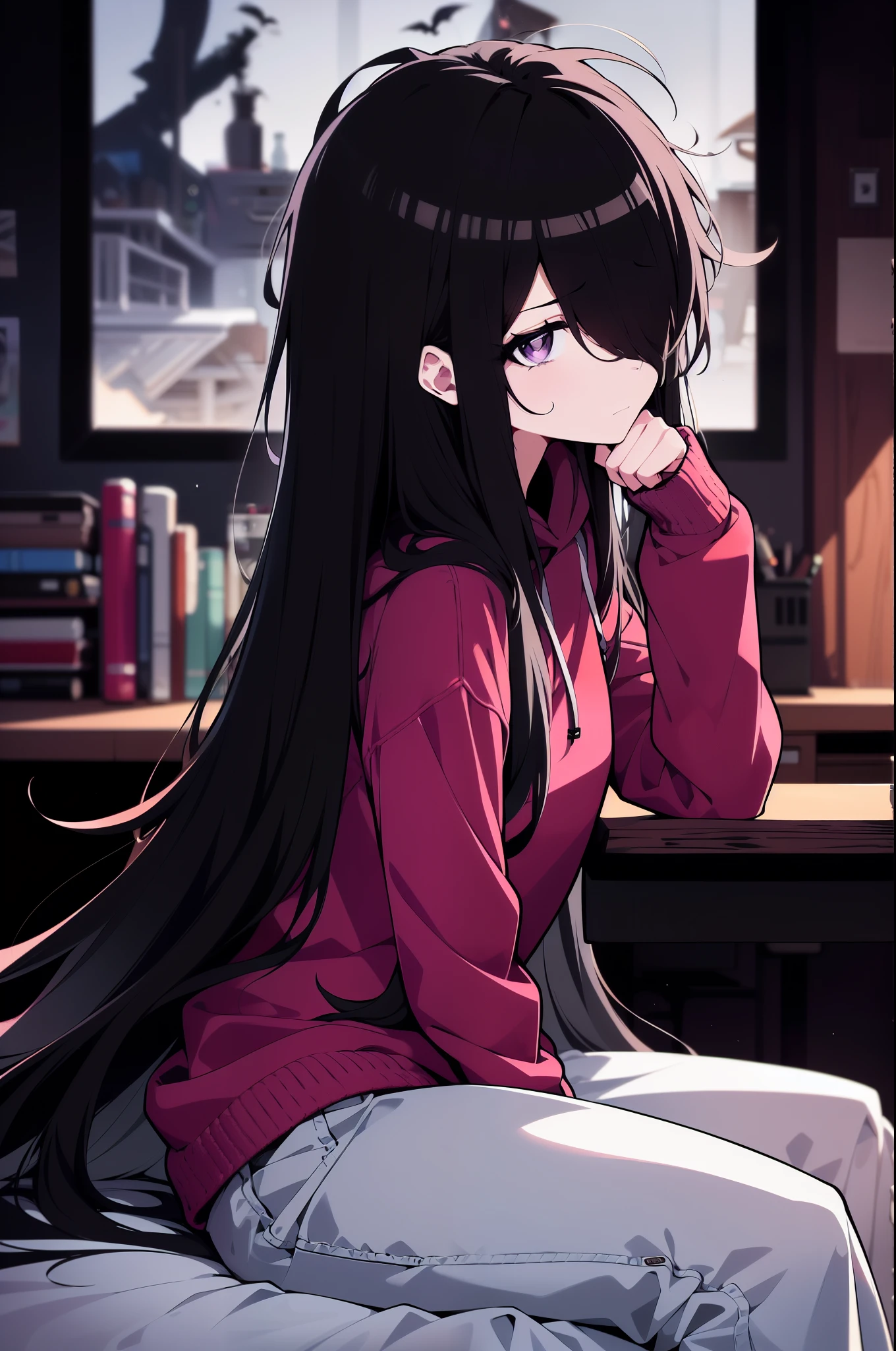 side view, colorful, (best quality, ultra-high resolution, depth of field:1.2), 1woman, (gothic), black hair, (long black hair), messy hair, hair over one eye, purple eyes, cozy sweater, hoodie, black soggy pants, (dimly lit room:1.2), melancholic expression, (somber atmosphere:1.3), sitting on a bed