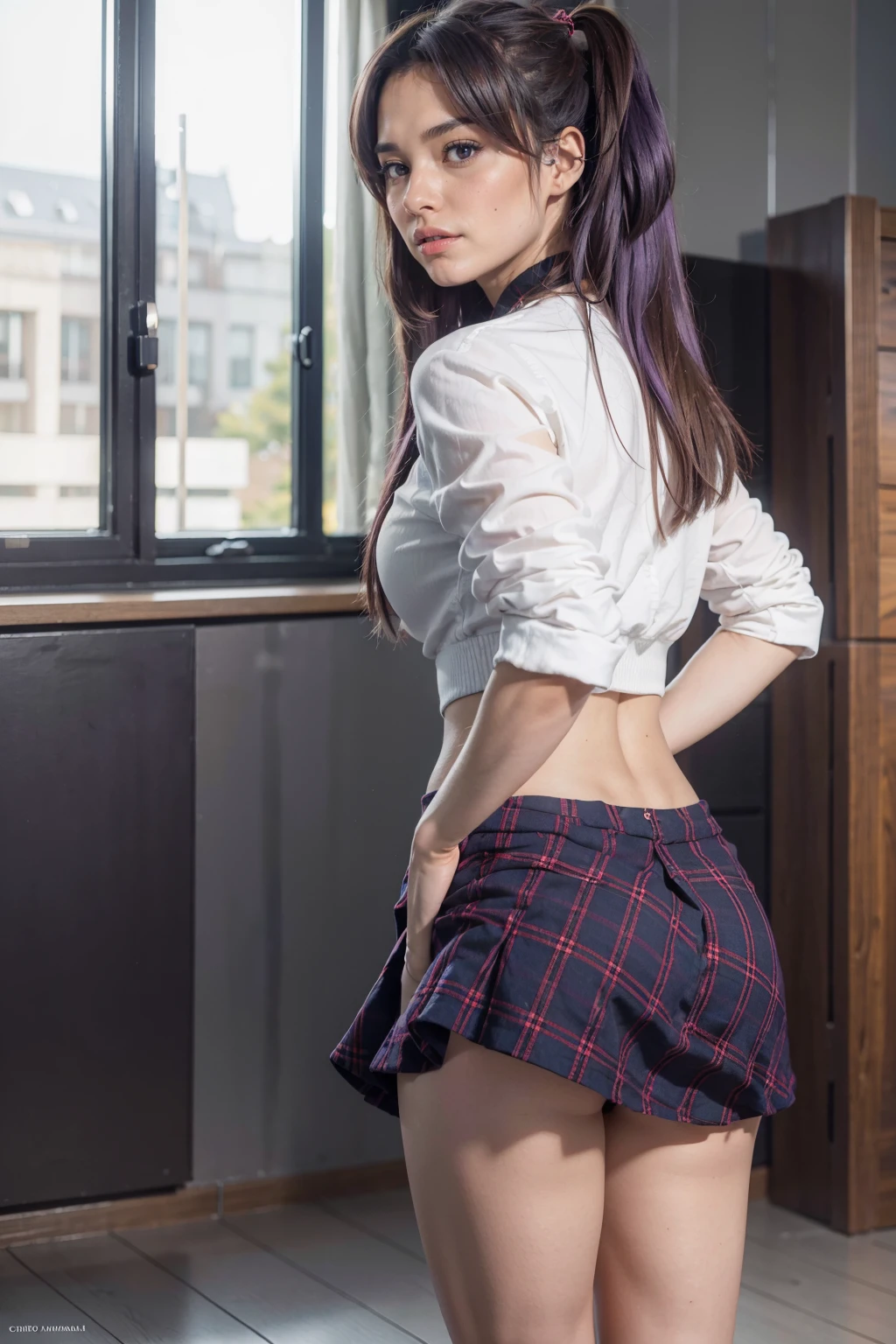 (1 lady), (Best quality at best:1.4), (ultra - detailed), (extremely detailed CG unified 16k), A Beautiful Woman with Perfect Figure: 1.4, Sharp Focus: 1.2, very detailed, High-definition RAW color photo, professional photoshooting, amazing face and eyes, (amazingly beautiful girl), ((masterpiece)), realistic cinematic face, head to feet long wide zoomed out view, full body long view, photorealistic, ((highres)), ((detailed background)), solo, gym woman body, natural lighting, sunset, (ichinose kotomi), gorgeous, extremely beautiful face, perfect model beauty, Highly Detailed Face and Skin Texture, Detailed Eyes, Double Eyelids, ((clothing: clannad uniform, CLANNAD uniform, skirt, blazer, CLANNAD Uniform:1)), ((realistic natural purple hair style, purple eyes, long hair, hair ornaments)) RAW UHD 8k photography, tarankaaa, not Dasha Taran, library background, extremely detailed, blurred background, depth of field, cinematic lighting, amazing legs, high heels, clear and well-cared skin, athletic, big proportions body, looking at viewer, from behind