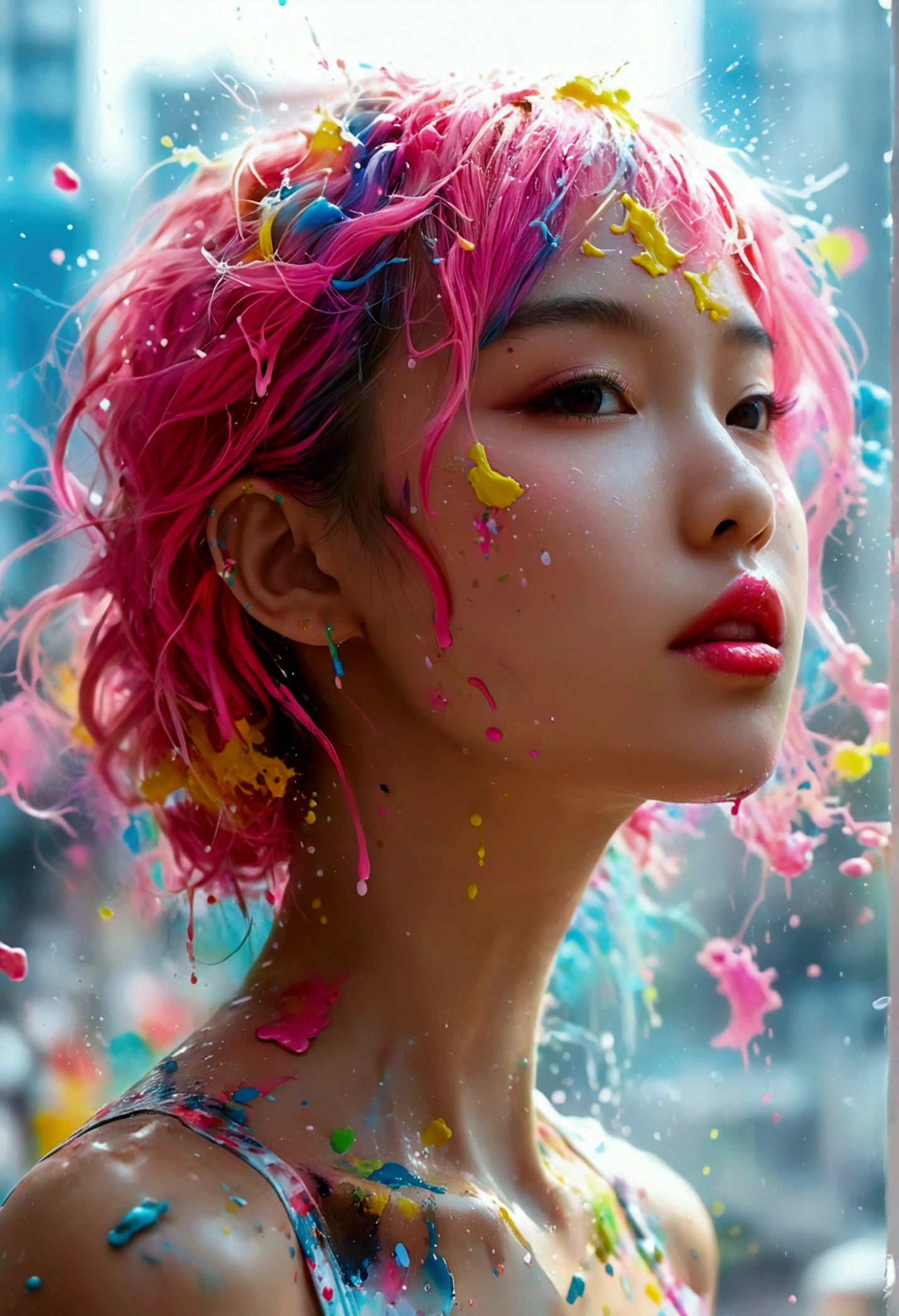 (masterpiece, Highest quality, High resolution), White Background, ((Paint splashes, Color Splash, Ink splash, Color Splash)), Kind Chinese girl, Rainbow Hair, Pink Lips, front,Downtown Shanghai、Digital Cities、Near future upper body