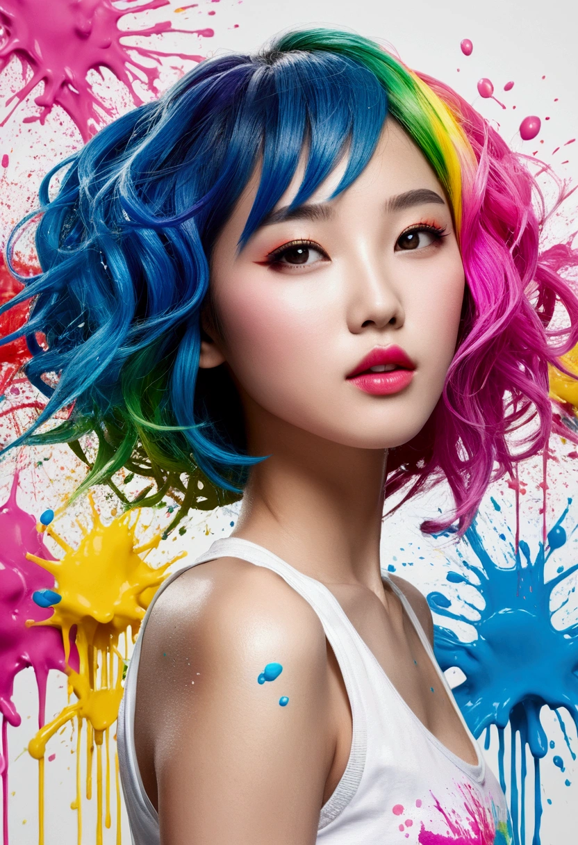 (masterpiece, Highest quality, High resolution), White Background, ((Paint splashes, Color Splash, Ink splash, Color Splash)), Kind Chinese girl, Rainbow Hair, Pink Lips, front,Downtown Shanghai、Digital Cities、Near future upper body