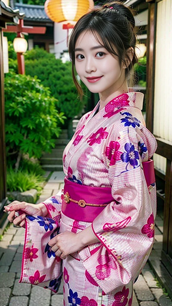 (Japanese Kimono、Small patterned yukata:1.3)、(Cowboy Shot:1.24))、(RAW Photos、Photorealistic:1.4)、One girl、Beautiful Japanese Girl、****************、Very detailed目と顔、Beautifully detailed dark brown eyes、Ultra-detailed、((High resolution、Highest quality、masterpiece、Very detailed、8K))、Outdoors、Japan woman at 21 years old、Medium breast、8-body style、(At the festival of Japan、Summer evening、At a Japanese shrine、Lots of lanterns:1.37)、A refreshing smile、Detailed face、Glossy lips、Light makeup、Cute atmosphere、Wearing sandals、Perfect proportions、Direct your gaze this way、Smiling Kindly、Ponytail hairstyle、Light Brown Hair、Nice atmosphere、Summer 2023、30pm