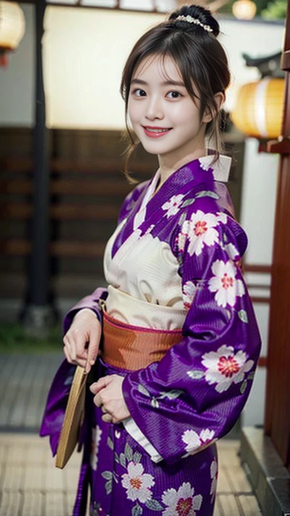 (Japanese Kimono、Small patterned yukata:1.3)、(Cowboy Shot:1.24))、(RAW Photos、Photorealistic:1.4)、One girl、Beautiful Japanese Girl、****************、Very detailed目と顔、Beautifully detailed dark brown eyes、Ultra-detailed、((High resolution、Highest quality、masterpiece、Very detailed、8K))、Outdoors、Japan woman at 21 years old、Medium breast、8-body style、(At the festival of Japan、Summer evening、At a Japanese shrine、Lots of lanterns:1.37)、A refreshing smile、Detailed face、Glossy lips、Light makeup、Cute atmosphere、Wearing sandals、Perfect proportions、Direct your gaze this way、Smiling Kindly、Ponytail hairstyle、Light Brown Hair、Nice atmosphere、Summer 2023、30pm