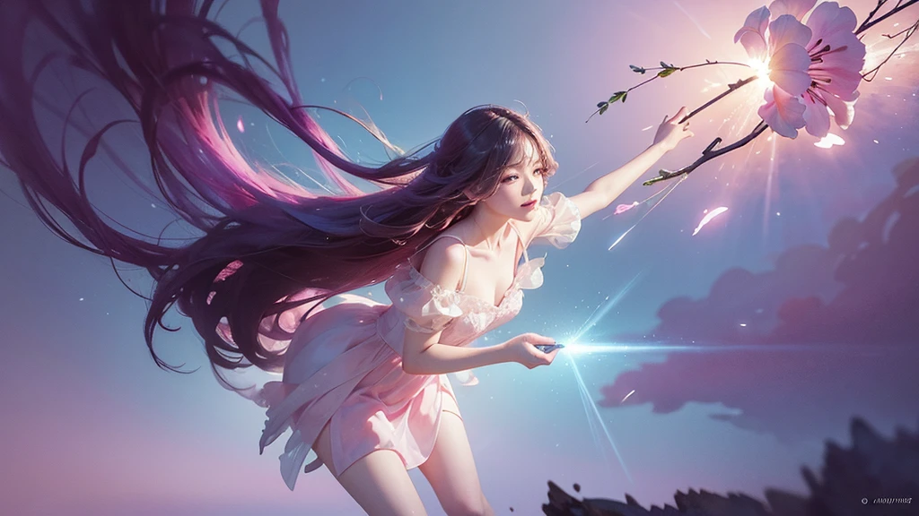 One girl,flower, Lisianthus ,Pale pinkと淡い青のスタイル, A dreamy, romantic piece, Pale pink, Mysterious Leaves, A playful arrangement,Fantasy, High Contrast, Ink strokes, explosion, Exposure, Impression of purple and red tones , Abstract, ((Watercolours by John Berkey and Jeremy Mann )) Brush strokes, Negative Space,