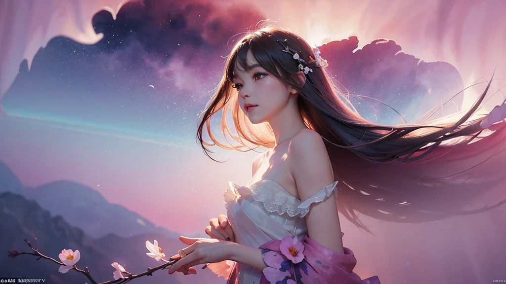 One girl,flower, Lisianthus ,Pale pinkと淡い青のスタイル, A dreamy, romantic piece, Pale pink, Mysterious Leaves, A playful arrangement,Fantasy, High Contrast, Ink strokes, explosion, Exposure, Impression of purple and red tones , Abstract, ((Watercolours by John Berkey and Jeremy Mann )) Brush strokes, Negative Space,