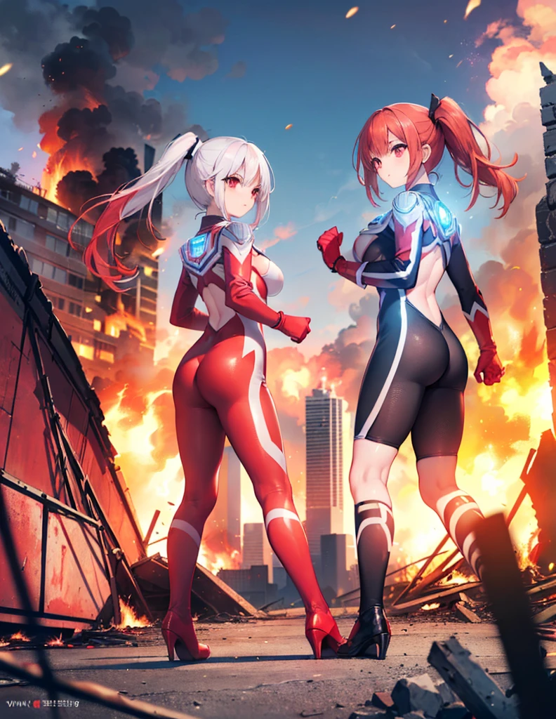 Realistic,Highest quality, Ultra Detail, High-quality CG rendering, The most delicate and beautiful, Floating softly, High resolution, (1 giant girl), (Highest quality,4K,8K,masterpiece:1.2),(All red hair:1.5), (ponytail:1.5),(Red eyes:1.5), (Ultra Girl:1.0), (All red Ultraman bodysuit:1.4),(Do not expose your skin:1.4),(Slightly larger :1.5),(Clenched Fist:1.2),(Red gloves:1.3),(Red Shoes:1.3),(whole body:1.3),(Are standing:1.3),(A city engulfed in flames:1.3),(Buildings in flames:1.3),(Burning Ruins:1.3),(Fighting Pose:1.3),(Turn your back to your audience:1.3),Butt