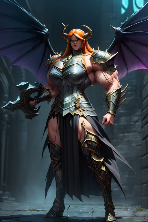 ((Massive beautiful, buff, pale white skinned muscular dark paladin woman with orange hair, giant demon wings, black lipstick, ginormous bulky muscles, carrying a giant sword and wearing full black demonic paladin knight armored with a long tiered skirt)), (close view), large breast, massive muscles, massive biceps, hyper muscle shoulders, (giant demon wings), hyper muscle triceps, (long shaggy hair), green eyes, (demon Paladin boots), (demon armor), (long tiered skirt), breastplate, (demonic gauntlets), (Shoulder armor), closed smile, (in a fire hellish castle), (Dark and moody universe:1.3), Vascular arms, hyper muscles arms, hyper muscle legs, massive buff arms.