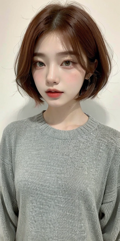 A red-haired girl with short hair and pinched eyes