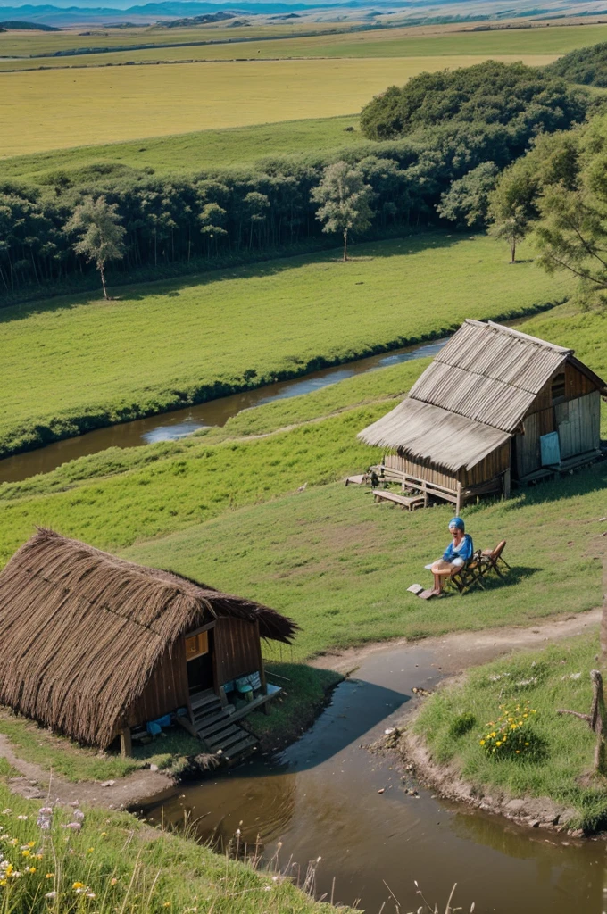 Mountain, grass, cattle farm, Butterfly, sky, sun, river, tiny hut and a lady.