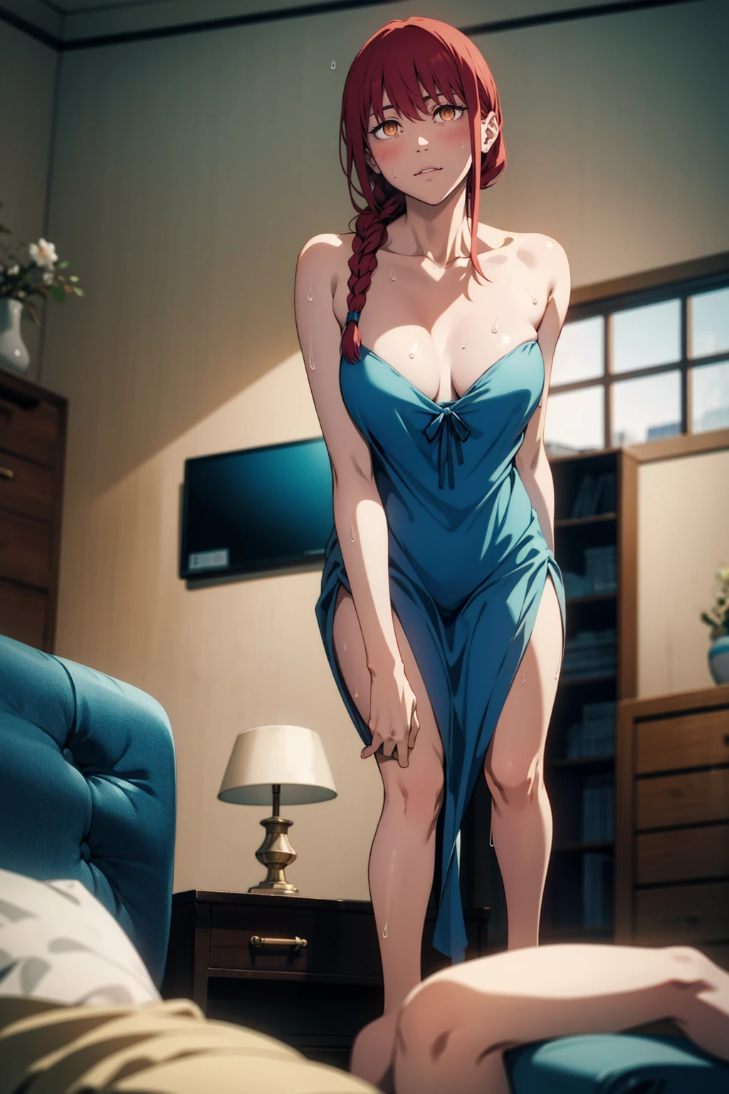 1girl, solo, breasts, realistic, long hair,, lips, looking at viewer, red hair, collarbone,braided ponytail,yellow eyes, cowboy shot,blue night gown,legs open, dynamic pose, white skin, pale skin, arms behind back,living room background, 3:4, stoic expression, ringed eyes, sitting in a sofa, sweaty face, sitting