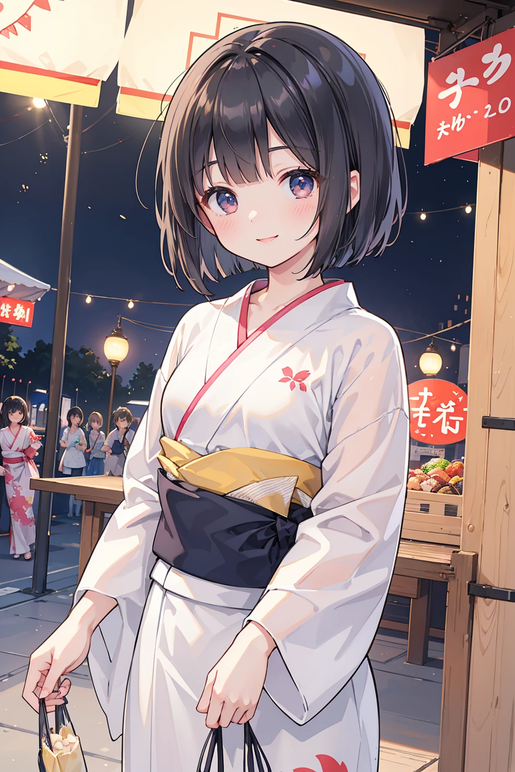 Photorealistic、Highest quality、Highest Resolution、Highest quality、8K、Beautiful woman、cute、Bob Cut Hair、Dark Hair、yukata、looks fun、smile、Smile、Summer festival、Lots of food stalls、