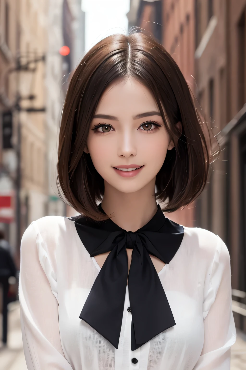 ((masterpiece)), ((Highest quality)), ((Complex)), ((Surreal)), (Realistic), (Mature Woman), ((There are no classes)), Very detailed, (1 female), Beautiful and exquisite, (Beautiful Teeth), Grin, Brunette Bob Hair, Brown eyes, ((blouse)), (Upper Body), (background:none), Perfect Eyes, Captivating eyes, Looking at the audience