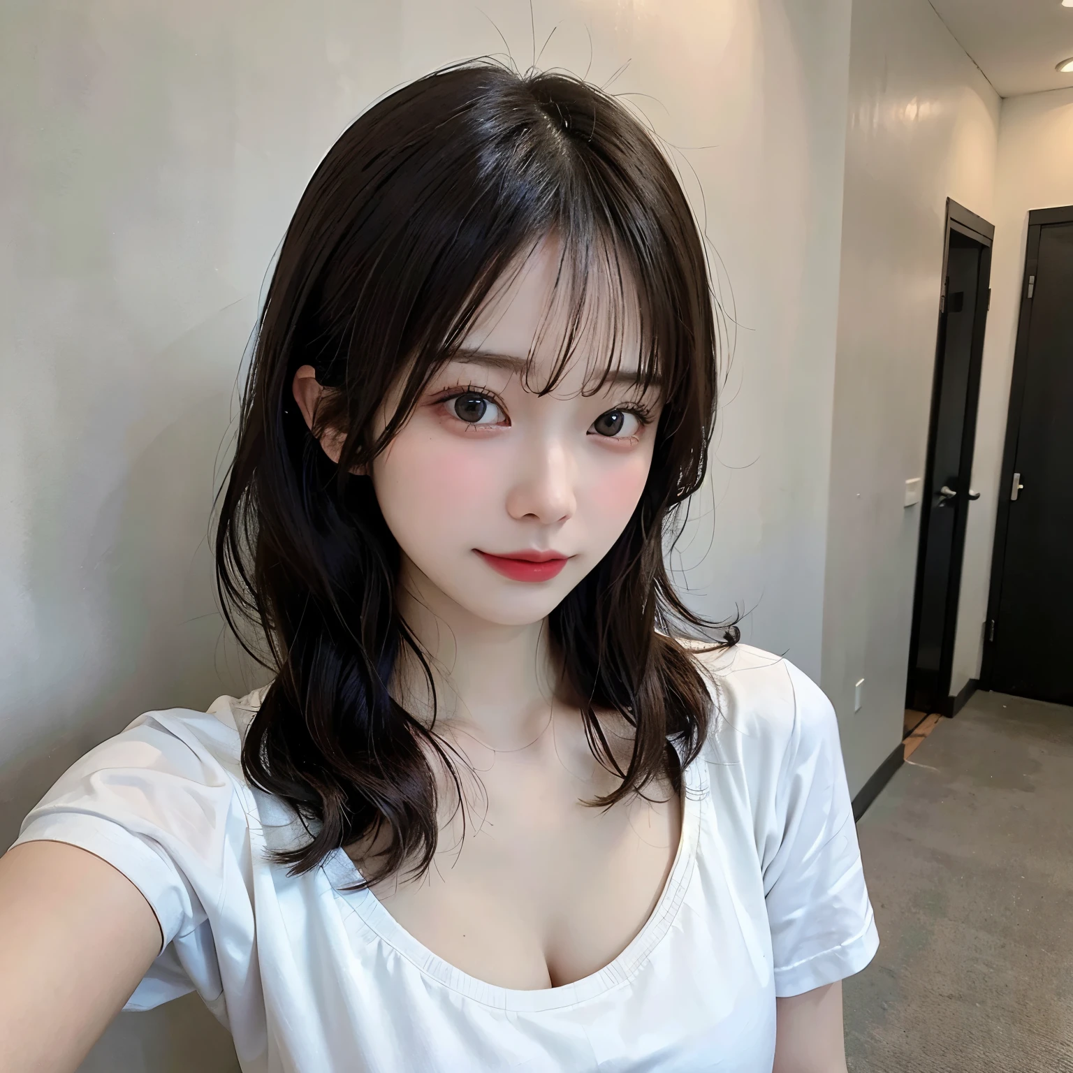((best quality)), ((masterpiece)), (detailed), perfect face. Asian girl. Selfie. Blank T-shirt. Bedroom wall. Cleavage.