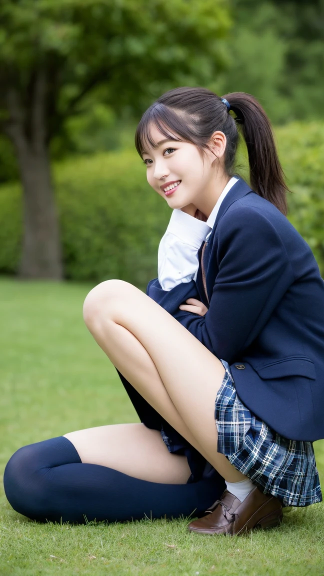 high detail、high quality、8K Photo、Anatomically perfect body、Japanese high school girls、One beautiful girl、smile、In uniform、(Brown blazer、Blue checked pleated skirt、Navy blue knee socks、Brown Loafers、青いリボンネクタイ、ponytail、Double eyelids、White panties)、(Sitting on the grass、Raise your knees and sit with your buttocks on the ground1.5)、((Between the legs in detail、Thighs、between legs、the hem of the skirt rises、Absolutely front angle 1.5、Face the photographer、Angle from the ground1.5))