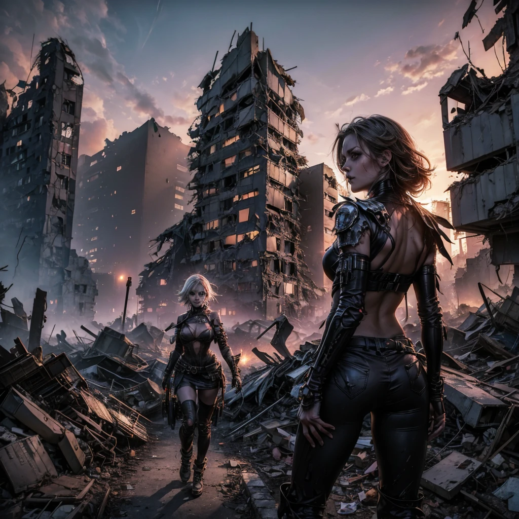 An undead girl wanders among the rubble of a destroyed city, among the rubble you can see some victims and car wrecks, the sky is covered in smoke and radiation