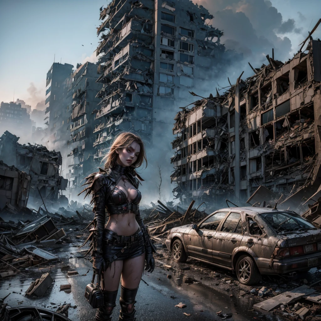 An undead girl wanders among the rubble of a destroyed city, among the rubble you can see some victims and car wrecks, the sky is covered in smoke and radiation