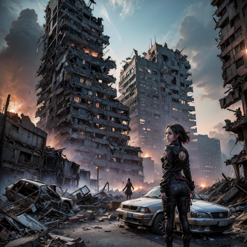 An undead girl wanders among the rubble of a destroyed city, among the rubble you can see some victims and car wrecks, the sky is covered in smoke and radiation