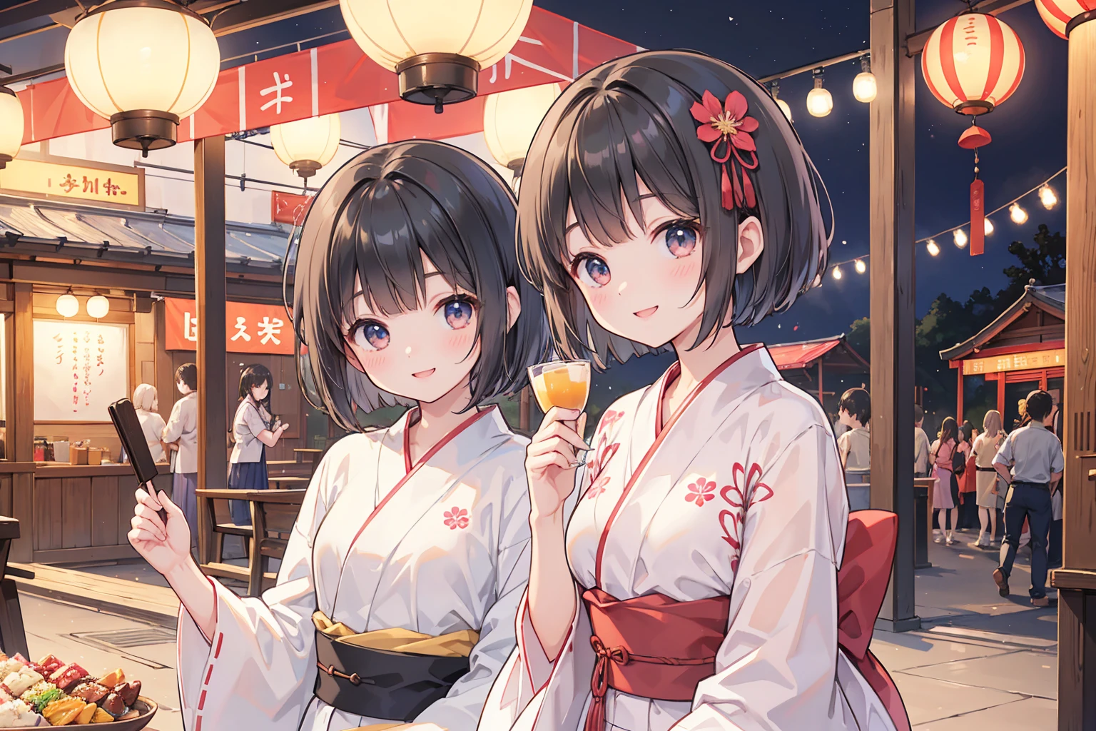 Photorealistic、Highest quality、Highest Resolution、Highest quality、８Ｋ、Beautiful woman、cute、Bob Cut Hair、Dark Hair、yukata、looks fun、smile、Smile、Summer festival、Lots of food stalls、