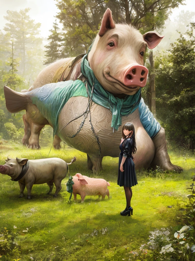 (In 8K、Highest quality、masterpiece:1.2)、(Realistic、Photorealistic:1.2)、there is a woman standing in front of a Sculpture of a fish, giant pig, myself, giant Sculpture, giant alice in wonderland, Rachel Lekitt, Photos taken in 2020, Sculpture!!, Tardigrade statue in the forest, 素晴らしいmasterpiece, 美しいmasterpiece, Strange works of art, 素晴らしいmasterpiece, plastic