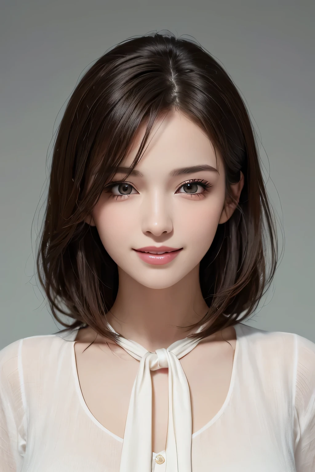((masterpiece)), ((Highest quality)), ((Complex)), ((Surreal)), (Realistic), (Mature Woman), ((There are no classes)), Very detailed, (1 female), Beautiful and exquisite, (Beautiful Teeth), Grin, Brunette Bob Hair, Brown eyes, ((blouse)), (Upper Body), (background:none), Perfect Eyes, Captivating eyes, Looking at the audience