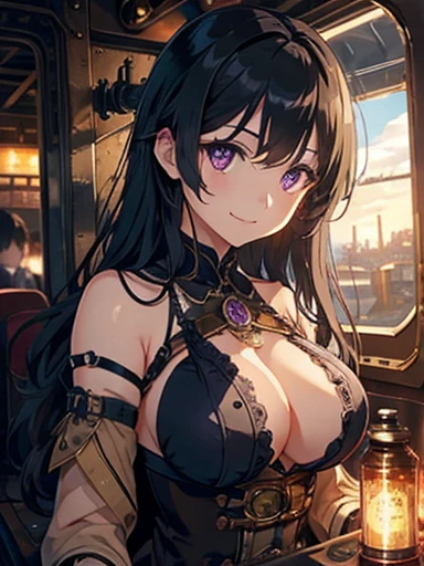 Movie angle、 steampunkな世界、(steampunk)、Steam generator、Steam rises、Lots of steam locomotives、high resolution、Purple eyes、bangs、arrange bangs、Long black hair、Clear eyes、、dark in tone、smile, Bright colors、Upper Body, Delicate depiction、Large breasts