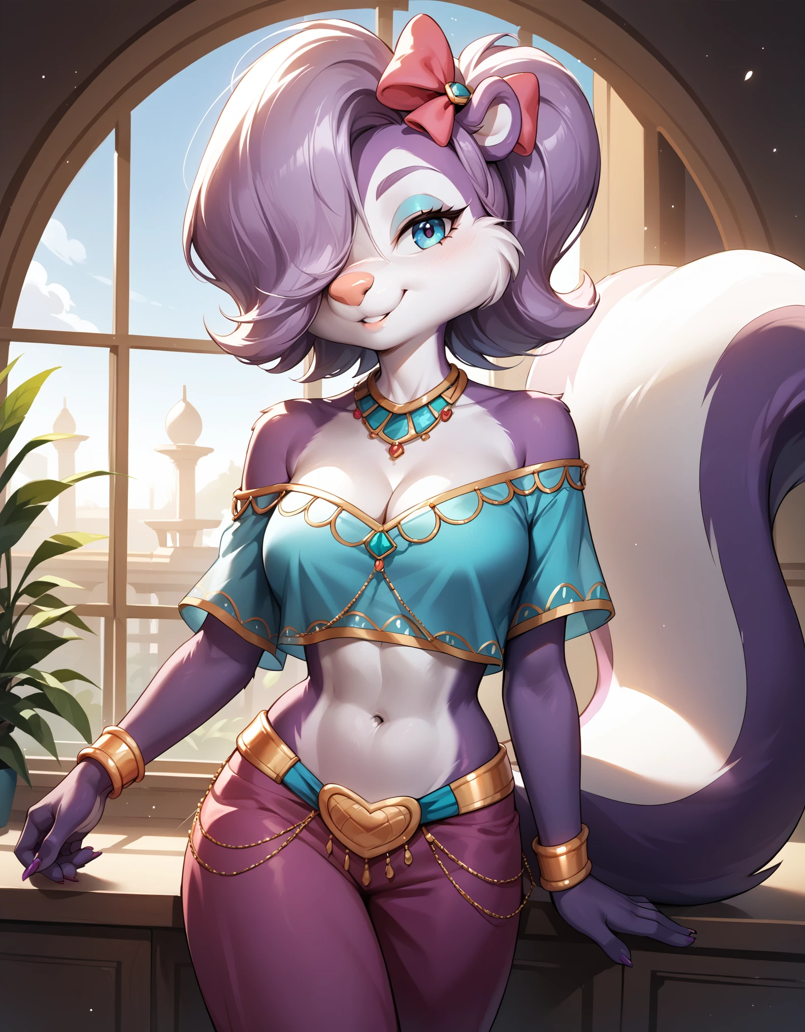 score_9, score_8_up, score_7_up, score_6_up, masterpiece, perfect face, perfect hands, high quality, source_cartoon, (1girl, solo,) fifi, skunk, anthro, hair bow, purple body, hair over one eye, (turquoise Arabian clothes), bare midriff, (off-shoulder shirt),  (jewelry), harem pants (turquoise), cleavage,