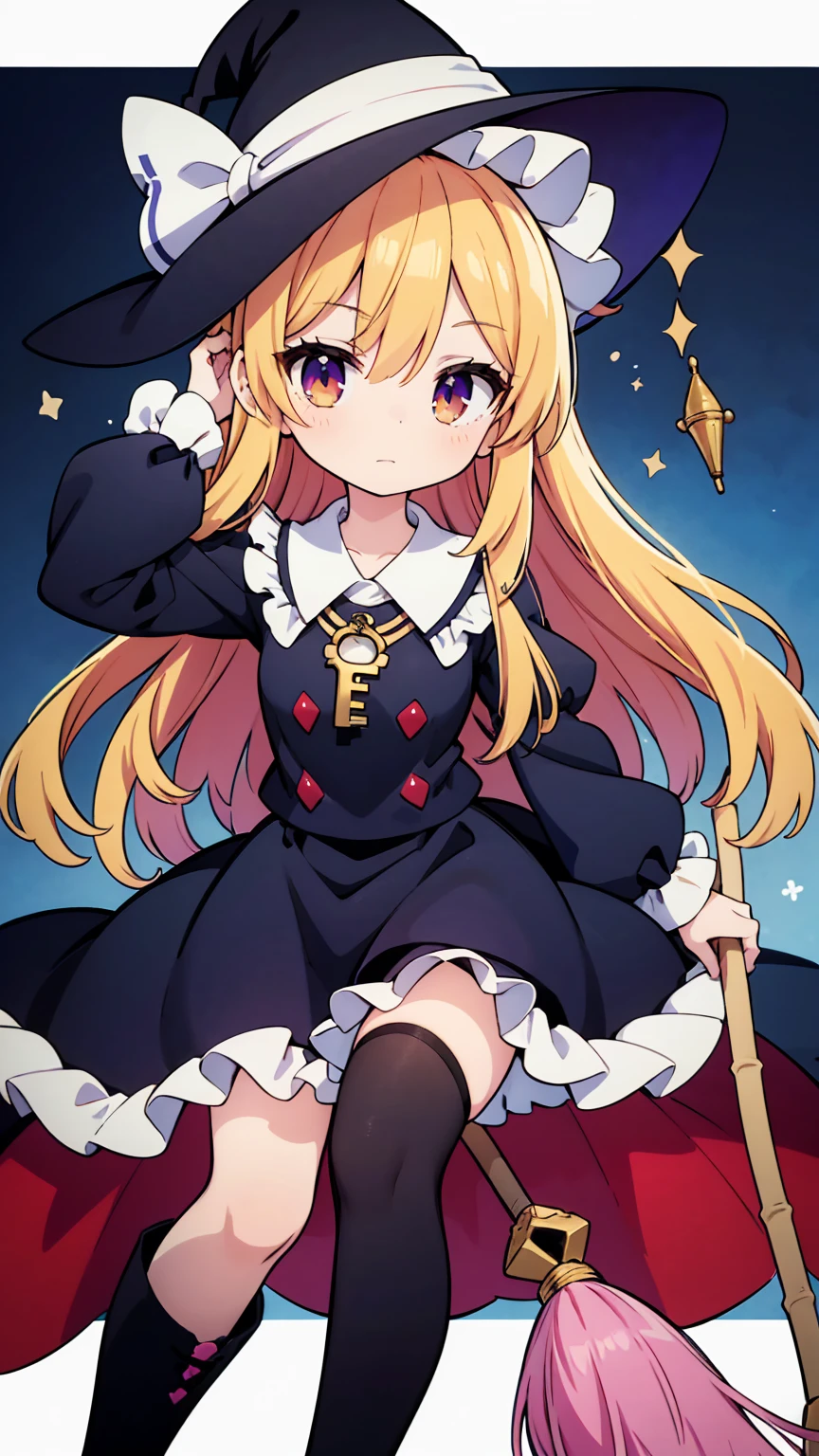 Marisa Kirisame is a recurring character in the Touhou Project series, known for her mischievous personality, powerful magic, and iconic witch outfit. Her appearance has evolved slightly over the course of the series, but her defining features have remained consistent, making her one of the most recognizable characters in the Touhou universe. Key Physical Traits: Hair: Marisa's hair is typically depicted as a vibrant red color, often styled in a short, loose ponytail with a prominent fringe. In earlier games, her hair was sometimes portrayed as a darker shade of red or even brown. Eyes: Her eyes are consistently shown as a bright red color, matching her hair and adding to her striking appearance. Attire: Marisa's most recognizable trait is her witch outfit, which consists of: Wide-brimmed hat: A pointed, wide-brimmed hat, often adorned with a white bow or ribbon, sits atop her head. The color of the hat varies, but it is most commonly purple or black. Purple dress: She wears a purple dress with long sleeves and a white collar. The dress is often embellished with lace or other decorative details. Black boots: Knee-high black boots complete her witchy ensemble. Accessories: Marisa accessorizes with various items that reflect her magical abilities and personality, including: Hakama: Loose-fitting hakama pants, typically black or purple, are often worn under her dress for added mobility. Broom: Marisa's signature mode of transportation is a magical bamboo broom, which she rides for both combat and casual flight. Magic bullets: As a magician, Marisa utilizes a variety of magic bullets, often depicted as colorful spheres or projectiles. Overall Appearance: Marisa's overall appearance exudes an air of confidence and mischievous charm. Her bright hair, striking eyes, and witchy attire make her a visually memorable character, while her accessories and magical abilities further enhance her persona as a powerful and eccentric magician. ちびキャラ