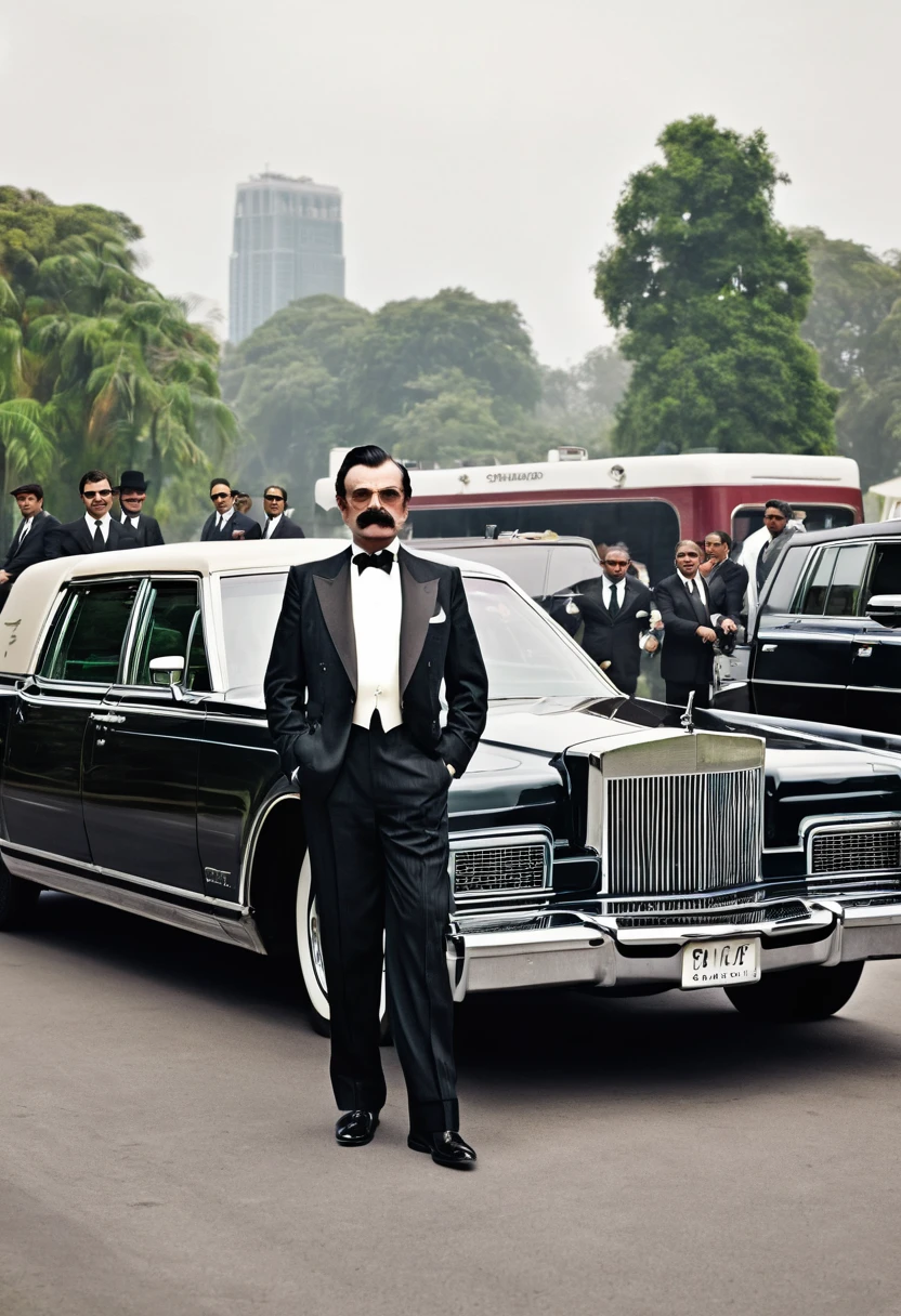 Me as a world's richest person in gangster's look with moustache.me driving a Lincoln continental and gun is present in my hand with the bodyguards and convoy in future