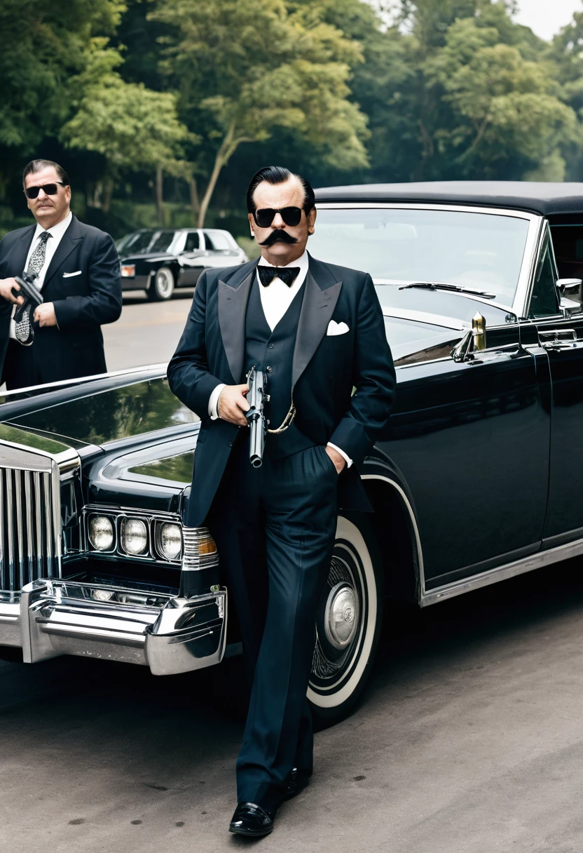 Me as a world's richest person in gangster's look with moustache.me driving a Lincoln continental and gun is present in my hand with the bodyguards and convoy in future