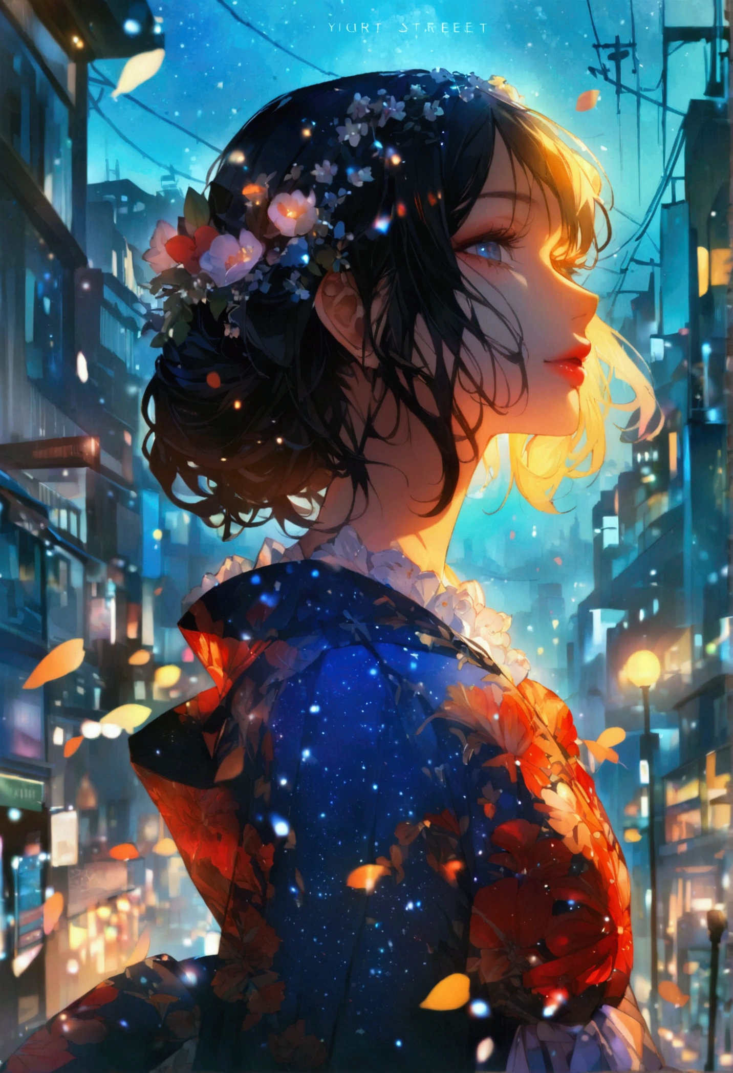A fusion of graphic art and painting art、girl、Unusual street fashion、night、Starry Sky、front、Uplifting、Transparency、Bright Cities、wood々is rich、morning、High quality、Detailed Background、high resolution、Sparkling