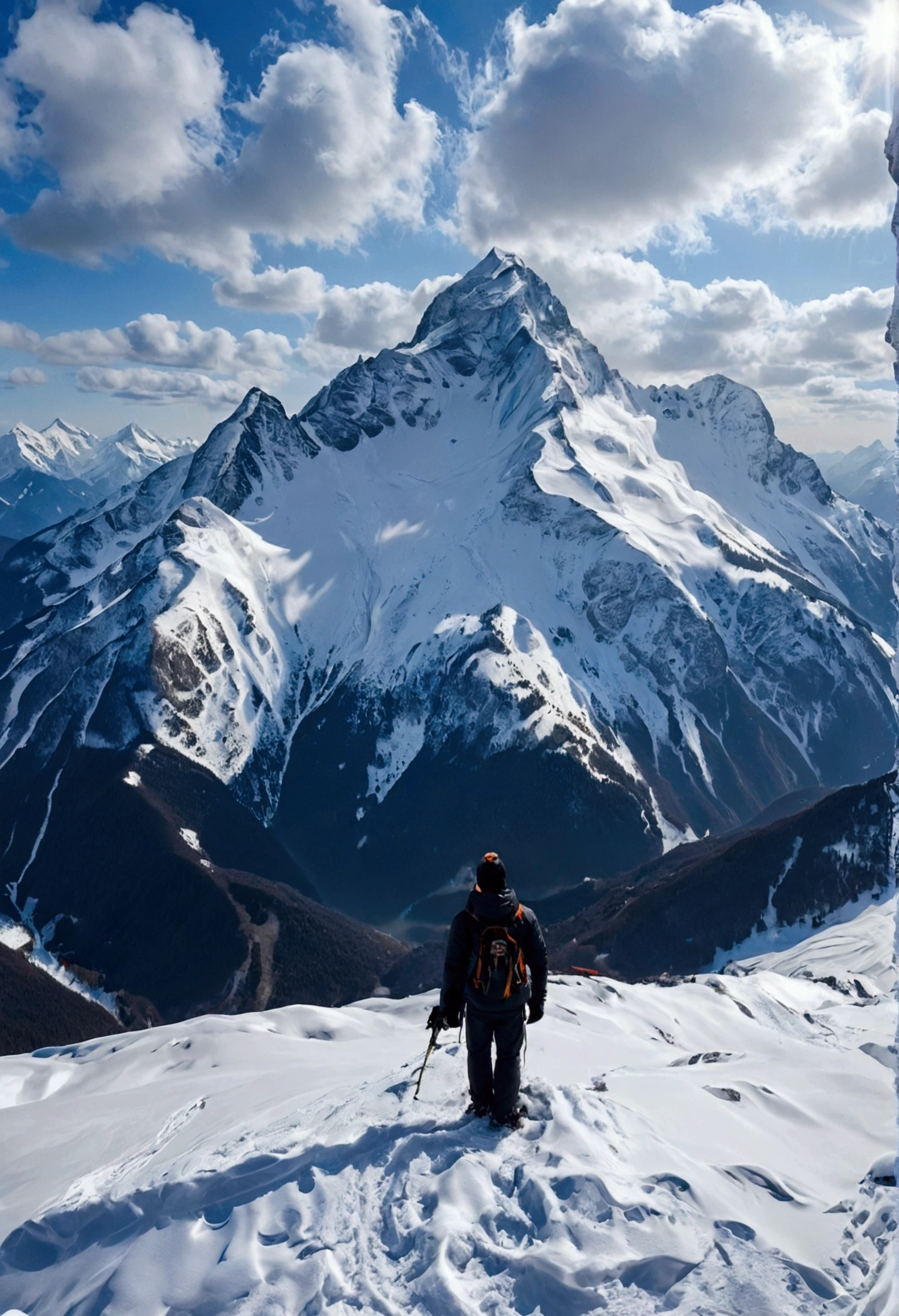one person，On the snowy mountain，Selfie，photo，Behind him are mountain peaks