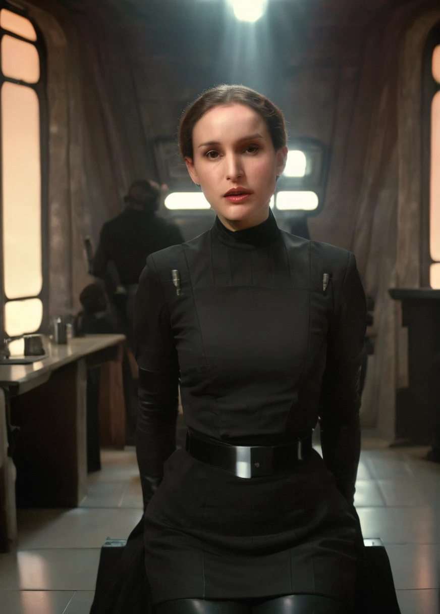 high resolution photo face close-up of p4dme woman sitting in a star wars Imperial officer cantina,looking at camera,black uniform,hair chignon,full body shot,depth of field,volumetric lighting,sunrise,(surreal dramatic lighting shadow)
