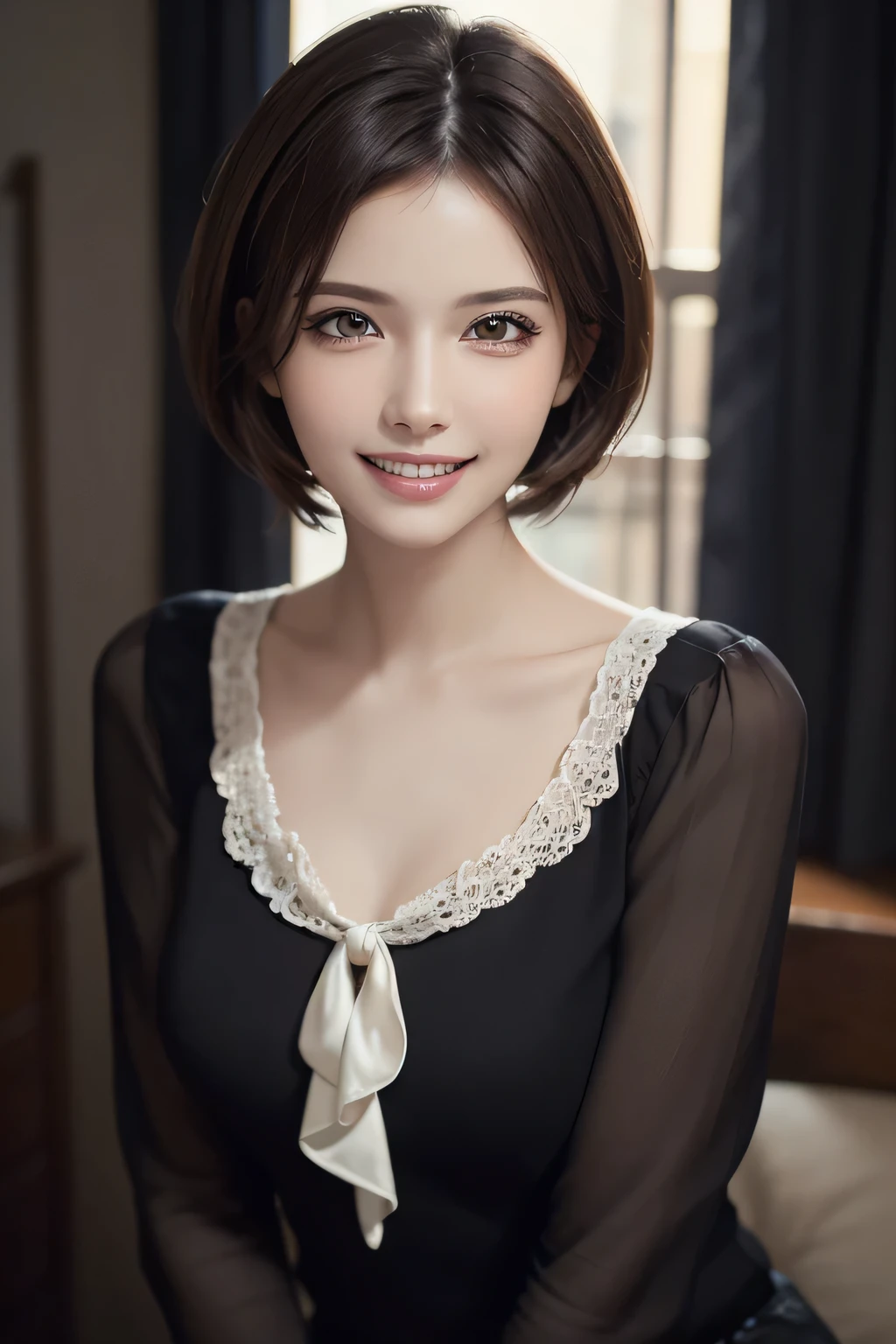((masterpiece)), ((Highest quality)), ((Complex)), ((Surreal)), (Realistic), (Mature Woman), ((There are no classes)), Very detailed, (1 female), Beautiful and exquisite, (Beautiful Teeth), Grin, Brunette Bob Hair, Brown eyes, ((blouse)), (Upper Body), (background:none), Perfect Eyes, Captivating eyes, Looking at the audience