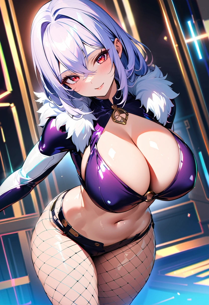 Deaf Sika, Red eyes, Hair above the eyes, 1 Girl, alone, purple (Micro Dresses Mini Skirts), (Golden), (Bodycon), fur, Cleavage, belly button, A kind smile, (Face Focus), (O-ring:1.2), jewelry, necklace, Waist cutout, belt, Fishnet tights, High heels, A masterpiece from BREAK that catches the attention of viewers, Highest quality, Glowing Skin, Mature, Sensual body, Shiny skin, Mature Woman, (Big Breasts), from the front, (chromatic aberration, Intricate details), Dynamic Angle, 40k, High resolution, High resolution,
