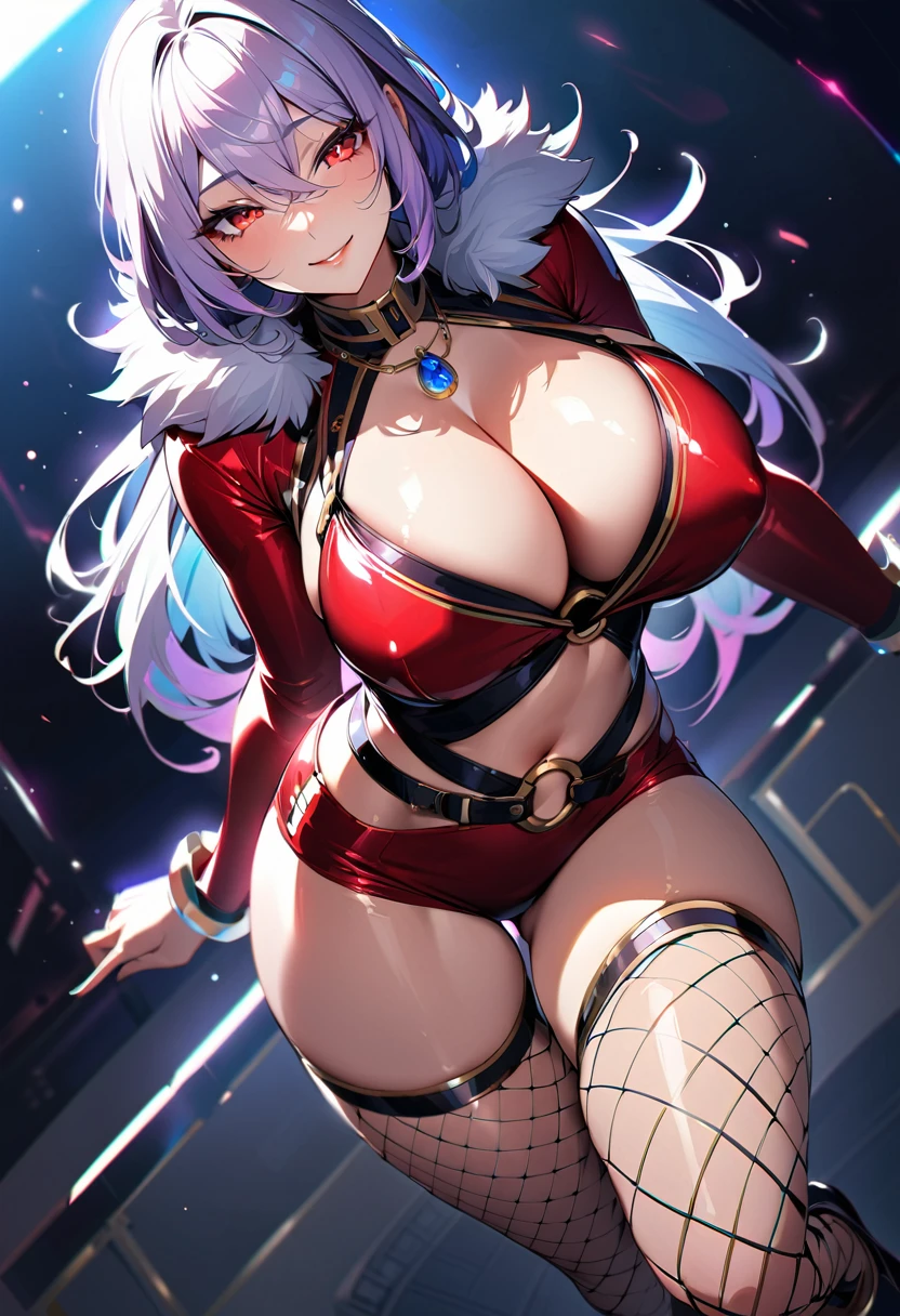 Deaf Sika, Red eyes, Hair above the eyes, 1 Girl, alone, purple (Micro Dresses Mini Skirts), (Golden), (Bodycon), fur, Cleavage, belly button, A kind smile, (Face Focus), (O-ring:1.2), jewelry, necklace, Waist cutout, belt, Fishnet tights, High heels, A masterpiece from BREAK that catches the attention of viewers, Highest quality, Glowing Skin, Mature, Sensual body, Shiny skin, Mature Woman, (Big Breasts), from the front, (chromatic aberration, Intricate details), Dynamic Angle, 40k, High resolution, High resolution,