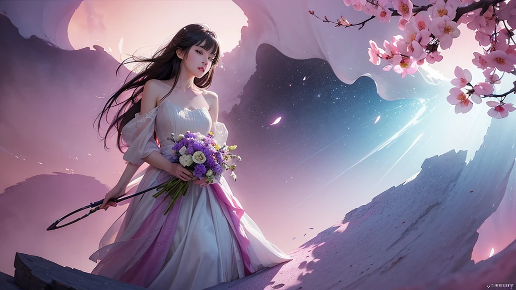 One girl,flower, Lisianthus ,Pale pinkと淡い青のスタイル, A dreamy, romantic piece, Pale pink, Mysterious Leaves, A playful arrangement,Fantasy, High Contrast, Ink strokes, explosion, Exposure, Impression of purple and red tones , Abstract, ((Watercolours by John Berkey and Jeremy Mann )) Brush strokes, Negative Space,
