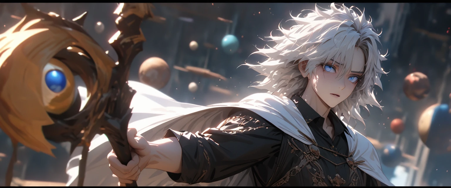 (solo), white hair, messy hair, mane hair, short hair, dense hair, wild hair, expressive hair, mature,(25 year old), pale skin, blue eyes, ((male)), handsome male, cheeky, wearing a black robe, black shirt with rolled up sleeves, white cape, black pants, staff, beautiful, giant smile, crazy, attractive, eye reflection, depth of field, thunder aura,cinematic lighting, ray tracing, depth of field, cinematic lighting, ray tracing, UHD, high details, best quality, highres, high quality, award winning, super detail, masterpiece, 8k, UHD, high details, best quality, highres, high quality, award winning, super detail, masterpiece, 8k, digital art, anime coloring, body shot, good face, perfect face, detailed face, good eyes. in Space, stars and planets