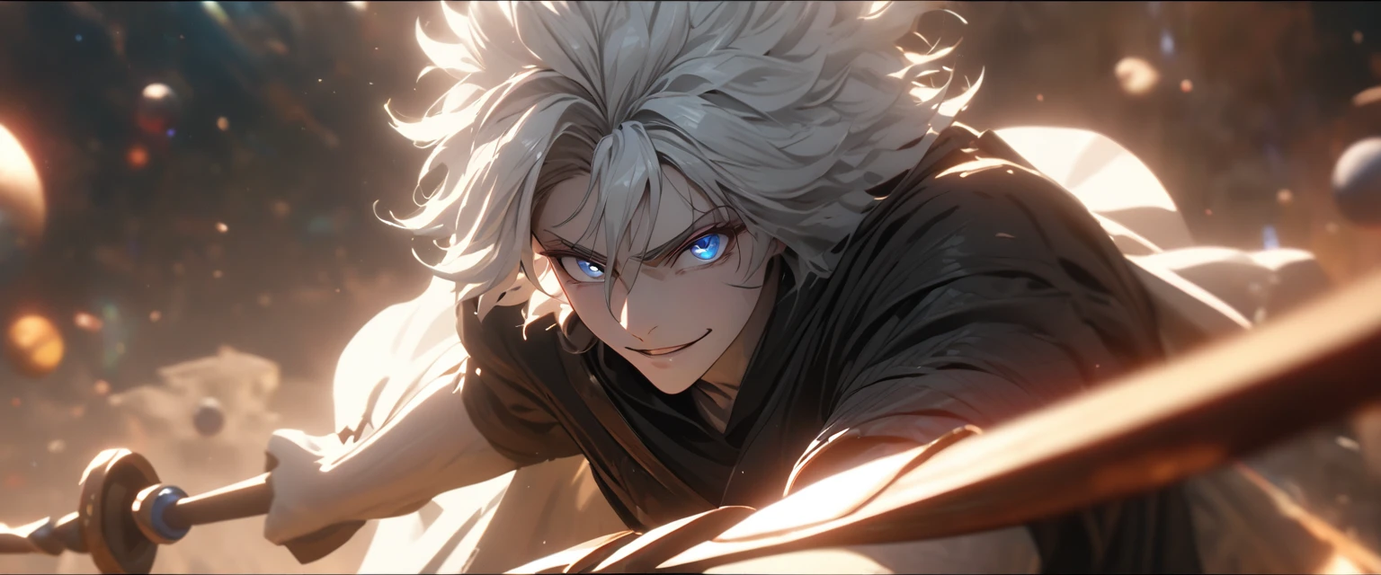 (solo), white hair, messy hair, mane hair, short hair, dense hair, wild hair, expressive hair, mature,(25 year old), pale skin, blue eyes, ((male)), handsome male, cheeky, wearing a black robe, black shirt with rolled up sleeves, white cape, black pants, staff, beautiful, giant smile, crazy, attractive, eye reflection, depth of field, thunder aura,cinematic lighting, ray tracing, depth of field, cinematic lighting, ray tracing, UHD, high details, best quality, highres, high quality, award winning, super detail, masterpiece, 8k, UHD, high details, best quality, highres, high quality, award winning, super detail, masterpiece, 8k, digital art, anime coloring, body shot, good face, perfect face, detailed face, good eyes. in Space, stars and planets