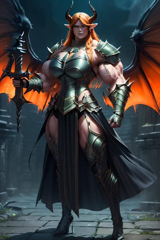 ((Massive beautiful, buff, pale white skinned muscular dark paladin woman with orange hair, giant demon wings, black lipstick, ginormous bulky muscles, carrying a giant sword and wearing full black demonic paladin knight armored with a long tiered skirt)), (close view), large breast, massive muscles, massive biceps, hyper muscle shoulders, (giant demon wings), hyper muscle triceps, (long shaggy hair), green eyes, (demon Paladin boots), (demon armor), (long tiered skirt), breastplate, (demonic gauntlets), (Shoulder armor), closed smile, (in a fire hellish castle), (Dark and moody universe:1.3), Vascular arms, hyper muscles arms, hyper muscle legs, massive buff arms.