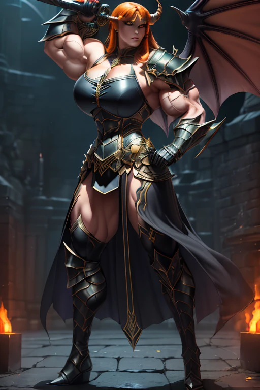 ((Massive beautiful, buff, light brown skinned muscular dark paladin woman with black hair, giant demon wings, black lipstick, ginormous bulky muscles, carrying a giant sword and wearing full black demonic paladin knight armored with a long tiered skirt)), (close view), large breast, massive muscles, massive biceps, hyper muscle shoulders, (giant demon wings), hyper muscle triceps, (long straight hair), orange eyes, (demon Paladin boots), (demon armor), (long tiered skirt), breastplate, (demonic gauntlets), (Shoulder armor), closed smile, (in a fire hellish castle), (Dark and moody universe:1.3), Vascular arms, hyper muscles arms, hyper muscle legs, massive buff arms.