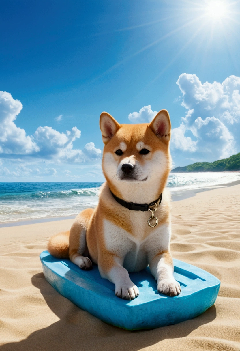新Ocean誠テイスト:1.1, Beautiful sky,Shiba Inu Puppy,Romantic Landscape, Healing scenes, Light pours in,hope, Bright summer sunshine,Ocean, watermelon, Beach, shaved ice,