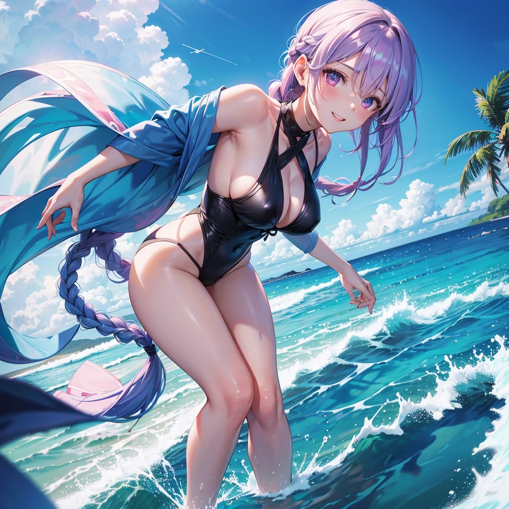 (Sky blue medium hair),(Braided hair tied together)、Pink eyes、Fair skin、(whole body)、(One Girl)、Black Swimsuit、Stylish sunglasses、Shining white sand beach in midsummer、Hawaiian Ocean、A big smile、、(masterpiece、Highest quality、Very detailed、Best Shadow)、(Detailed Background)、(Beautifully detailed face)、High contrast、(Best lighting、Very delicate and beautiful)、((Cinematic Light))、colorful、Hyper Detail、Dramatic Light、Exquisite detail