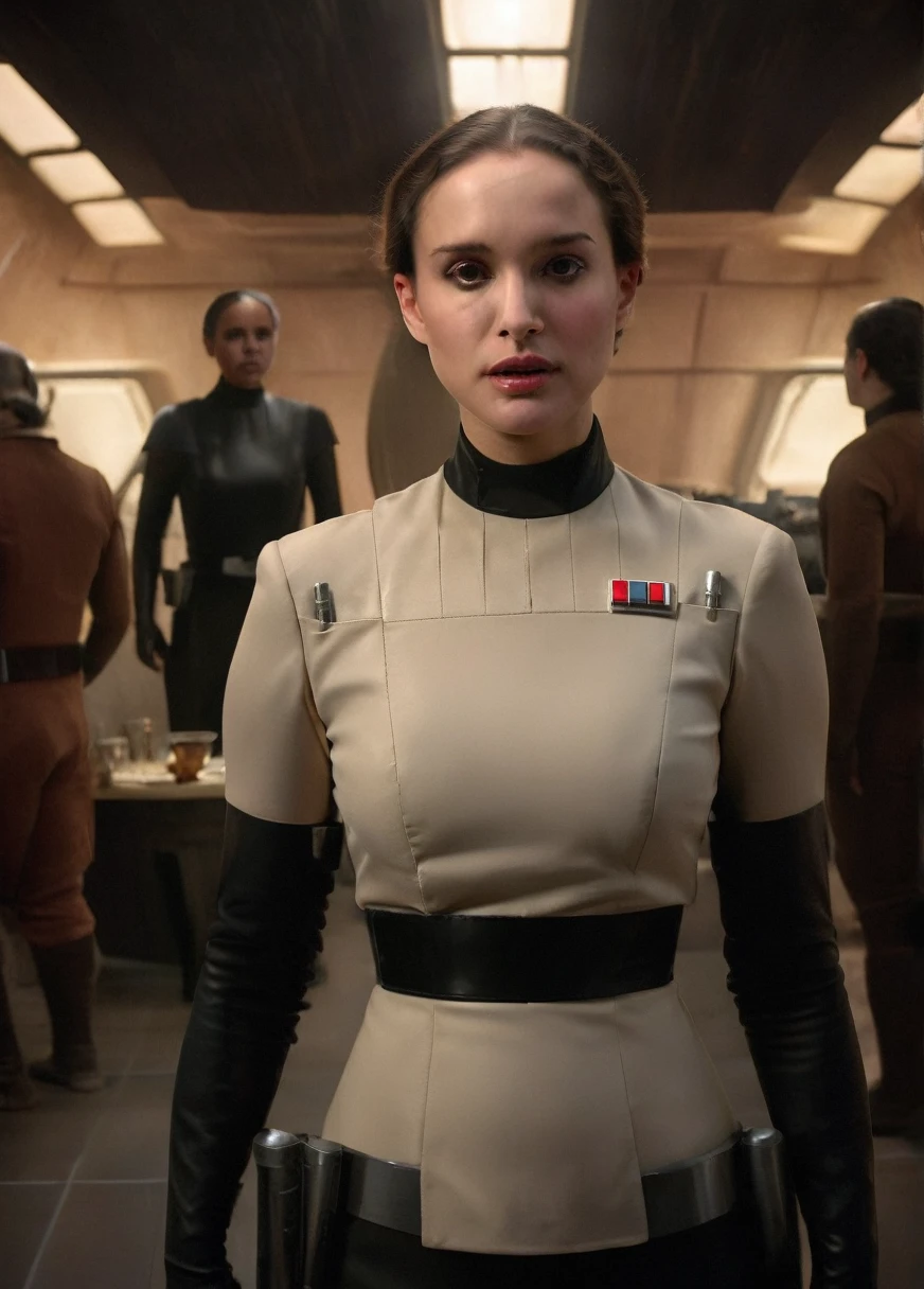 high resolution photo face close-up of p4dme woman sitting in a star wars Imperial officer cantina,looking at camera,black uniform,hair chignon,full body shot,depth of field,volumetric lighting,sunrise,(surreal dramatic lighting shadow)
