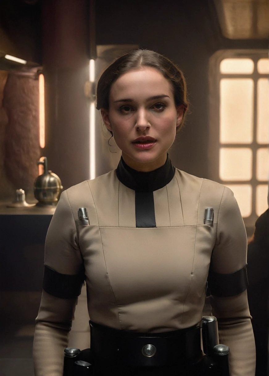 high resolution photo face close-up of p4dme woman sitting in a star wars Imperial officer cantina,looking at camera,black uniform,hair chignon,full body shot,depth of field,volumetric lighting,sunrise,(surreal dramatic lighting shadow)
