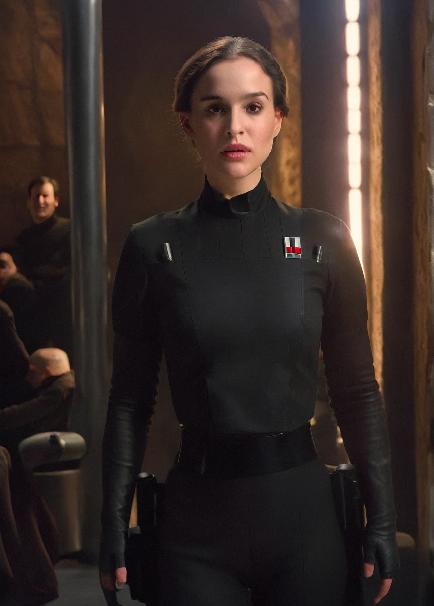 high resolution photo face close-up of p4dme woman sitting in a star wars Imperial officer cantina,looking at camera,black uniform,hair chignon,full body shot,depth of field,volumetric lighting,sunrise,(surreal dramatic lighting shadow)
