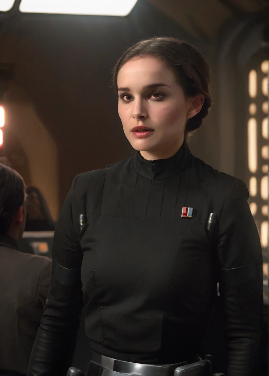 high resolution photo face close-up of p4dme woman sitting in a star wars Imperial officer cantina,looking at camera,black uniform,hair chignon,full body shot,depth of field,volumetric lighting,sunrise,(surreal dramatic lighting shadow)
