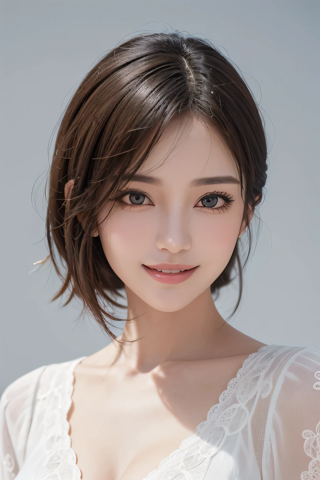 ((masterpiece)), ((Highest quality)), ((Complex)), ((Surreal)), (Realistic), (Mature Woman), ((There are no classes)), Very detailed, (1 female), Beautiful and exquisite, (Beautiful Teeth), Grin, Brunette Bob Hair, Brown eyes, ((blouse)), (Upper Body), (background:none), Perfect Eyes, Captivating eyes, Looking at the audience