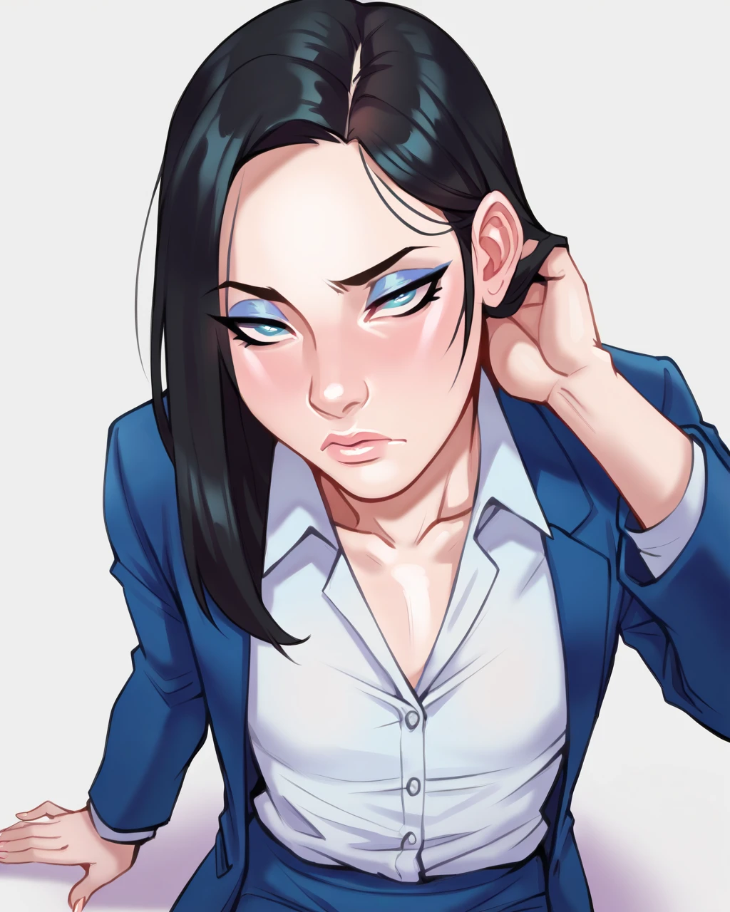 (masterpiece, best quality:1.2), intricate details, (solo:1.2), portrait, from above, lilandavastyle, 1 girl, bored, small breasts, long black hair, eyeliner, eyeshadow, half-closed eyes, white button down shirt, open jacket, blazer, 2 dark skinned penises, (double handjob), holding penis, looking at viewer, cumshot, cum on face, cum on tongue, orgasm face, surprised, blush, open mouth, cum in mouth, cum dripping from mouth, after fellatio, exhausted, worn out, 