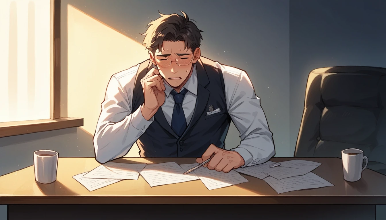 best quality, masterpiece, yaoi, 3boys, a rugged mature male voyeur wearing business suit cheekily watches two nude male interns, skinny build, cute round face, glasses, they are embarrassed, masturbating each other, in dimly lit luxurious office, at night, explosive cumshot, excessive cum, cums onto the table, front view, backlight, cinematic lighting, dramatic shadows