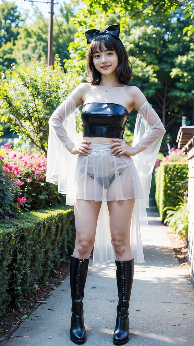 (8K、RAW Photos、Highest quality、masterpiece:1.2)、(Highest quality、Realistic)、1 Girl、((Tube top、mini skirt、Idol Costume、ribbon、Medium Hair、See-through、smile、Silver and Black、Thin legs、whole body、boots、garden、View from the front、Looking into the camera、Stand with hands on hips))、cute