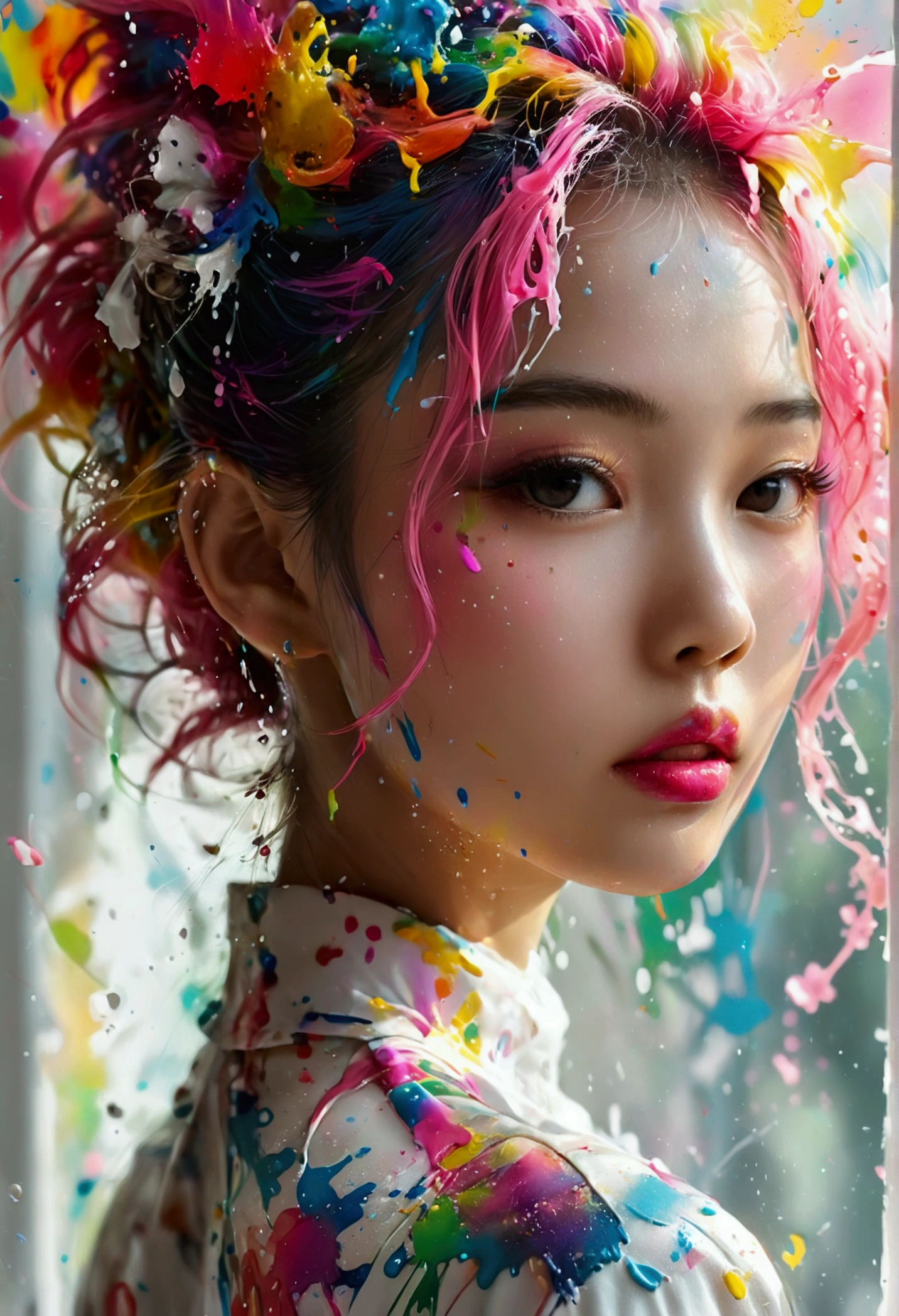 (masterpiece, Highest quality, High resolution), White Background, ((Paint splashes, Color Splash, Ink splash, Color Splash)), Kind Chinese girl, Rainbow Hair, Pink Lips, front, Upper Body